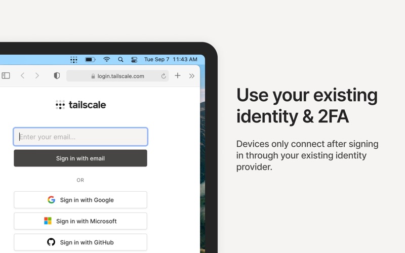 Tailscale 登录页,支持 Google、Microsoft、GitHub 账号