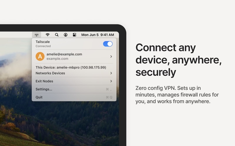 macOS 客户端菜单栏界面:Connected 状态与设备 Tailscale IP